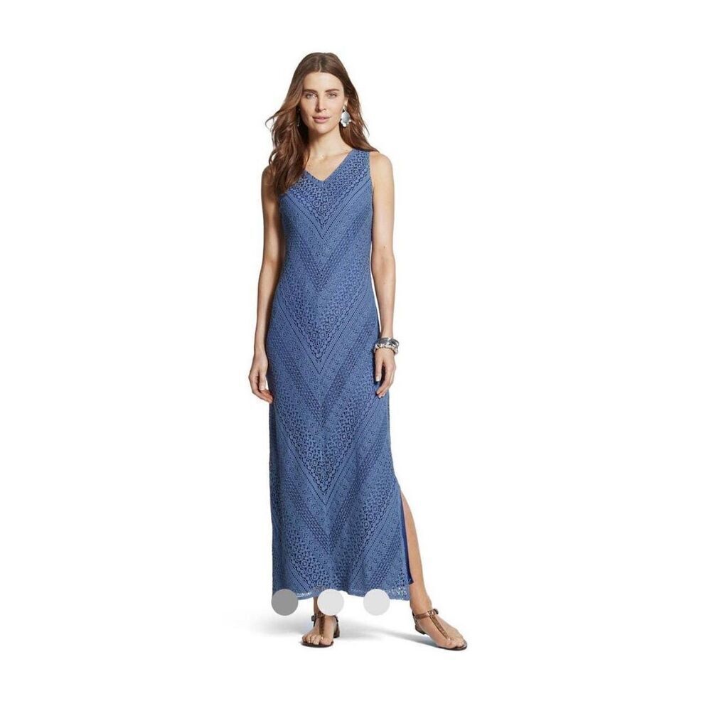 Sleeveless Blue Crochet Maxi Dress - V-Neck